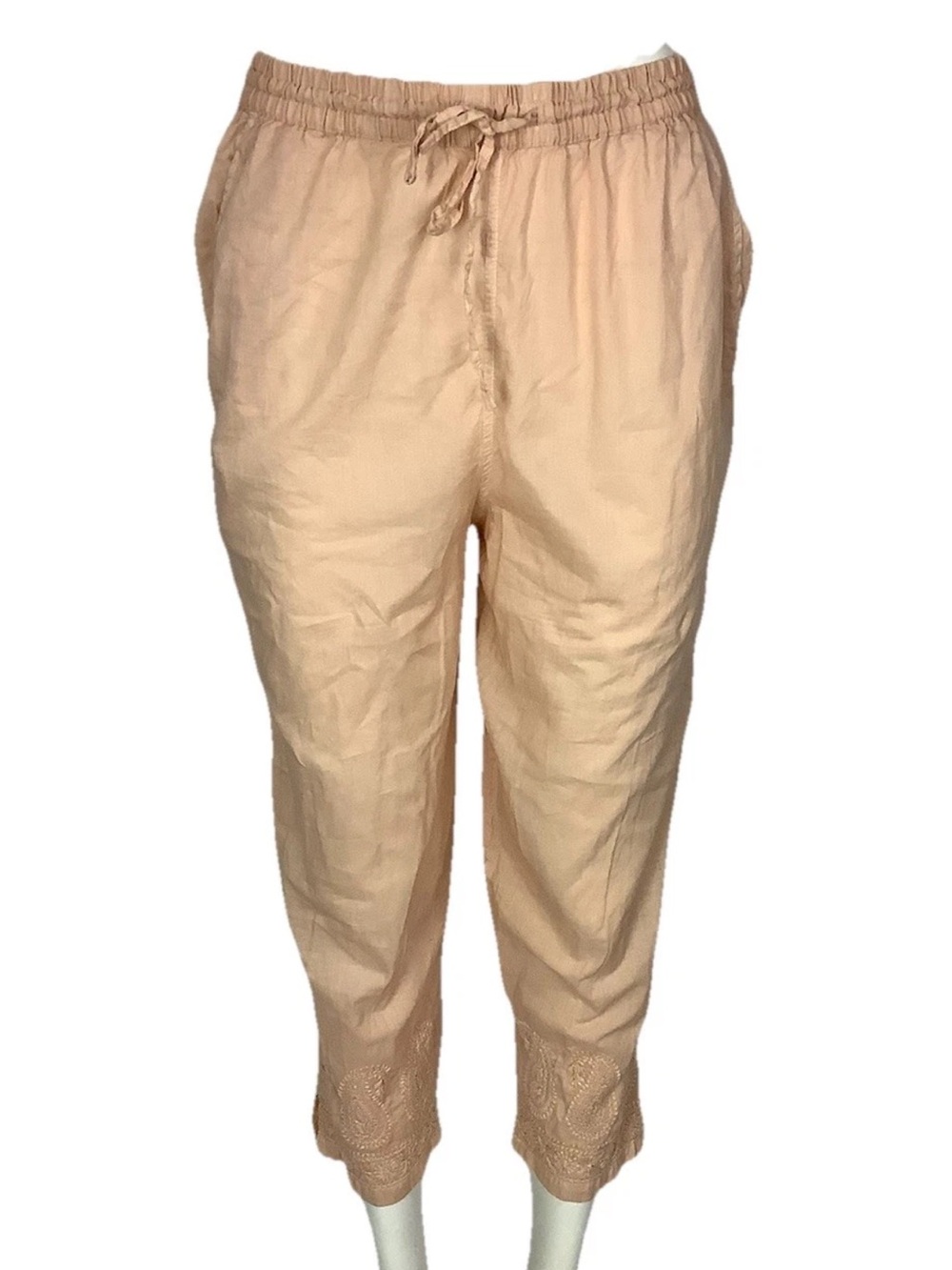 Novica Sz S 100% Cotton Drawstring Embroidered Hem Lightweight Pants Peach